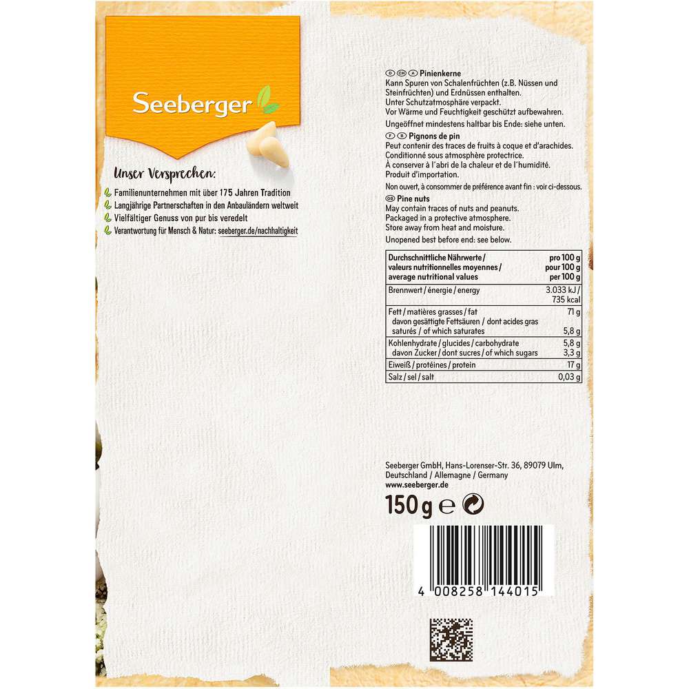 Produktabbildung Seeberger Pinienkerne, mild