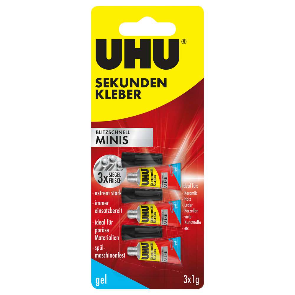 Produktabbildung UHU Sekundenkleber blitzschnell, MINIS Gel 3x1g  
