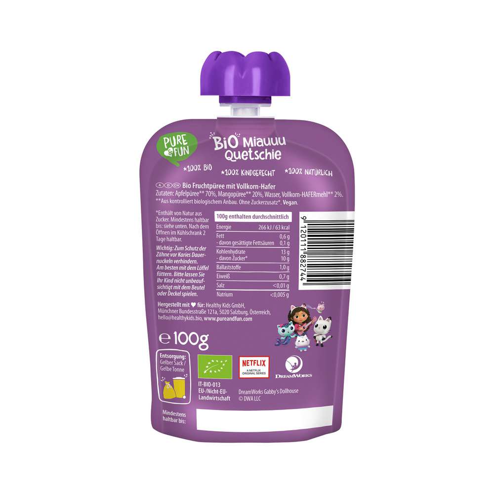 Produktabbildung Pure & Fun Bio Quetschie Gabby, Apfel/Mango/Vollkorn-Hafer