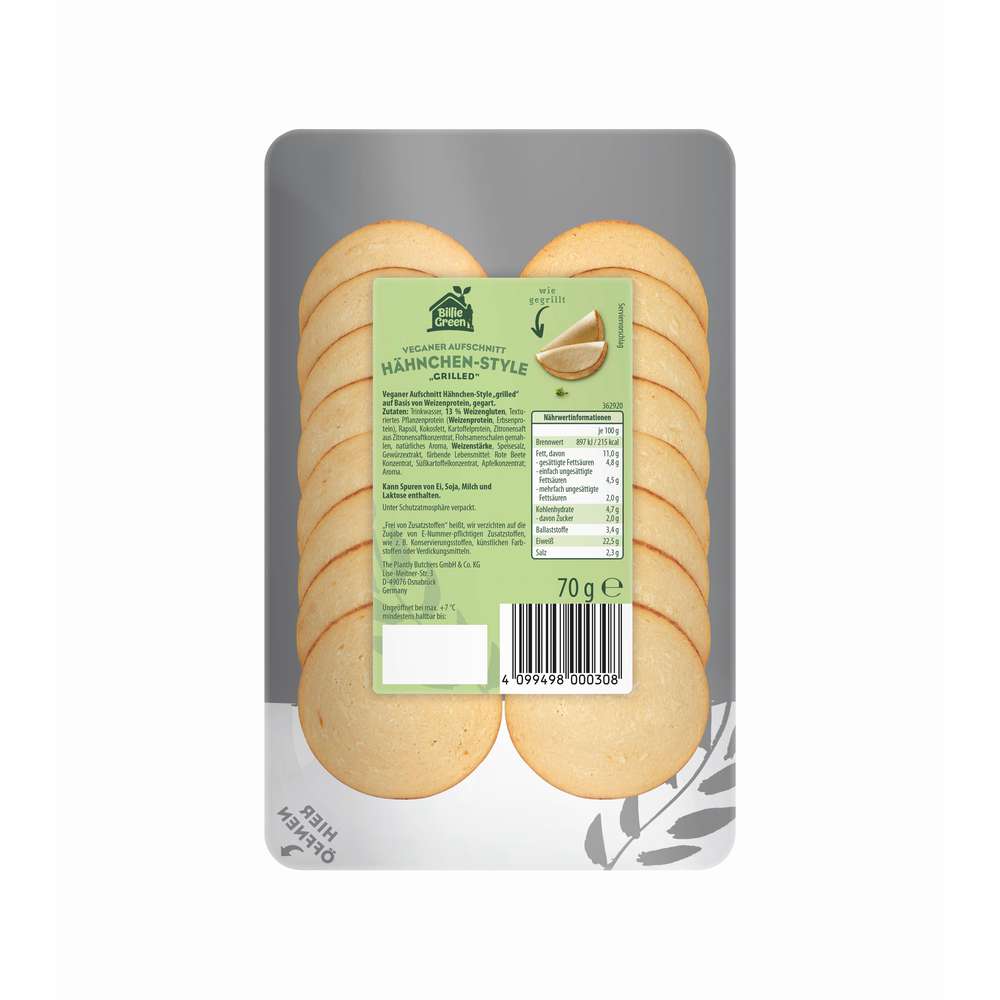 Produktabbildung Billie Green Veganer Aufschnitt Hähnchen-Grilled