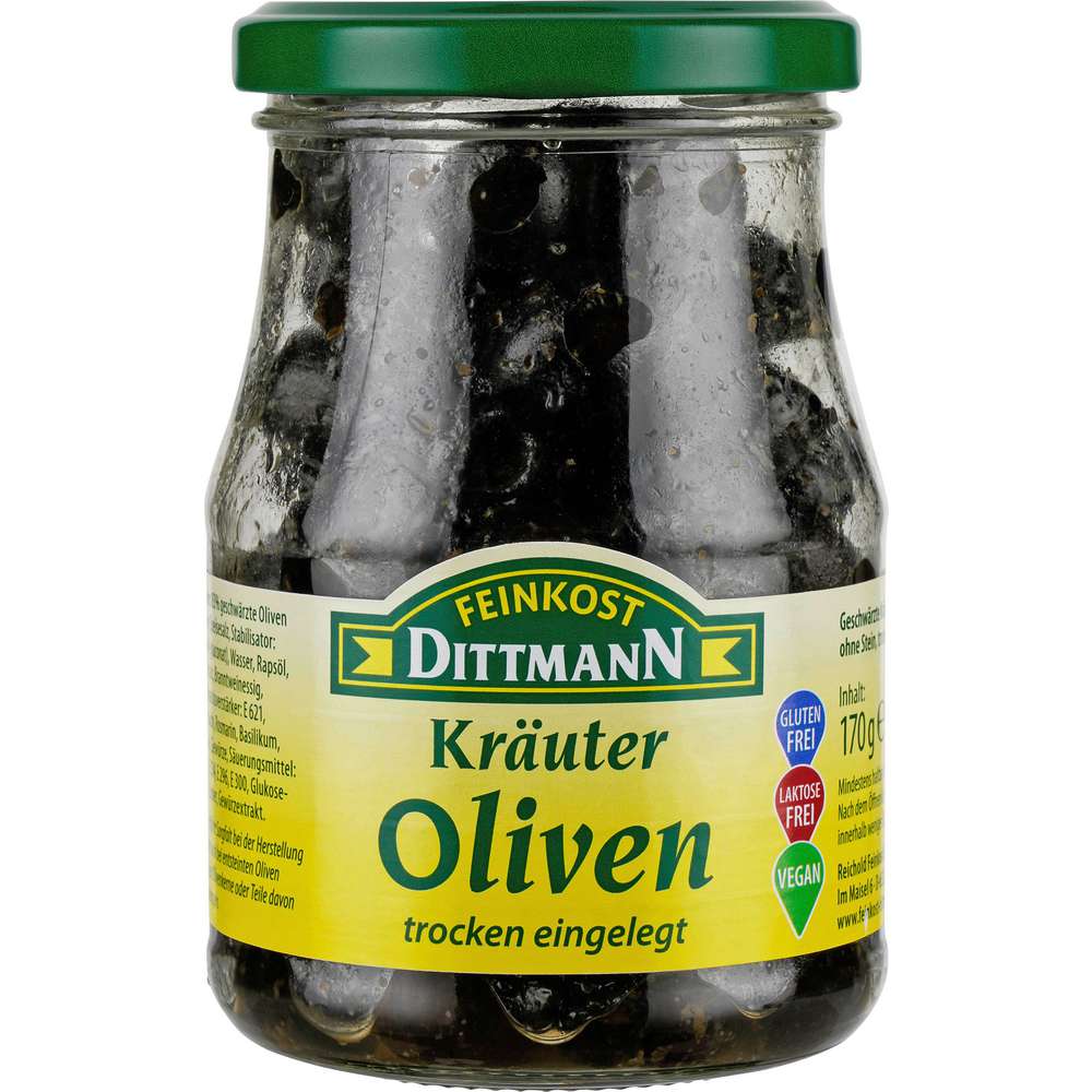 Produktabbildung Feinkost Dittmann Schwarze Kräuteroliven ohne Stein