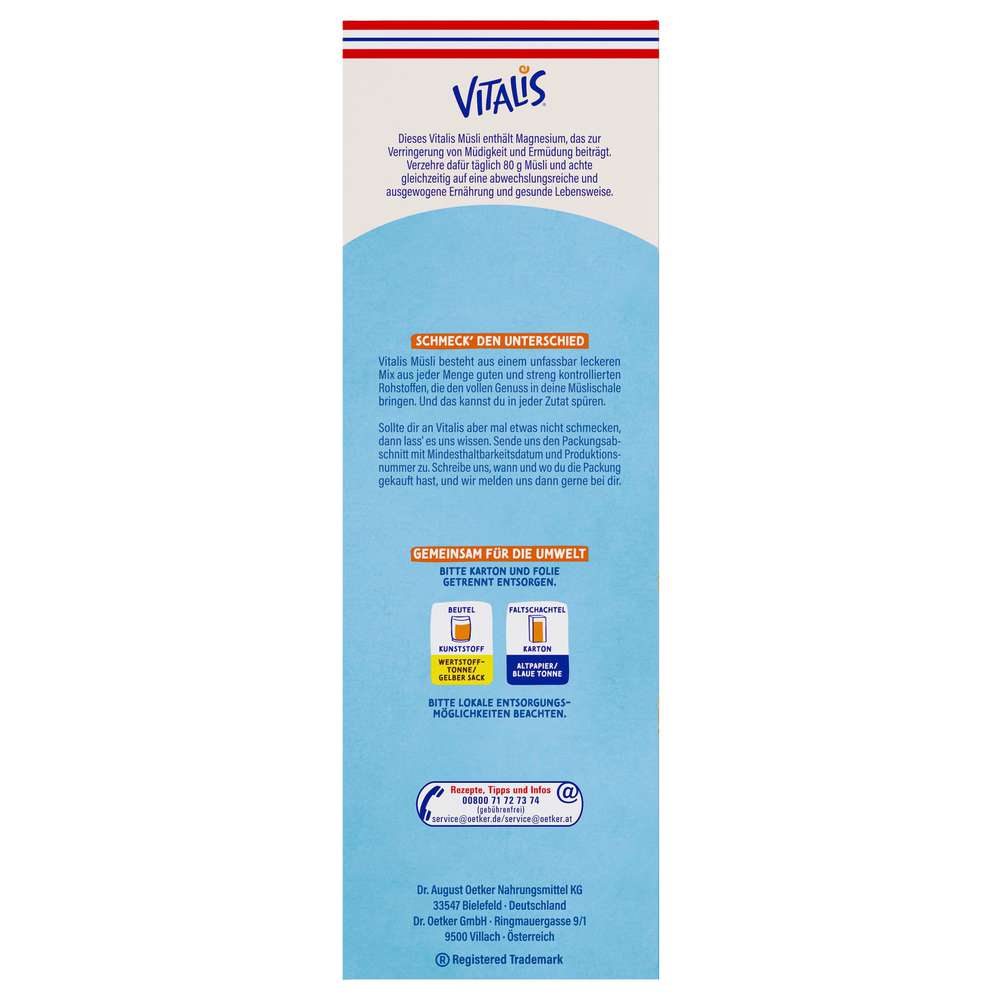 Produktabbildung Dr. Oetker Knusper-Müsli Vitalis, weniger süß, ohne Rosinen