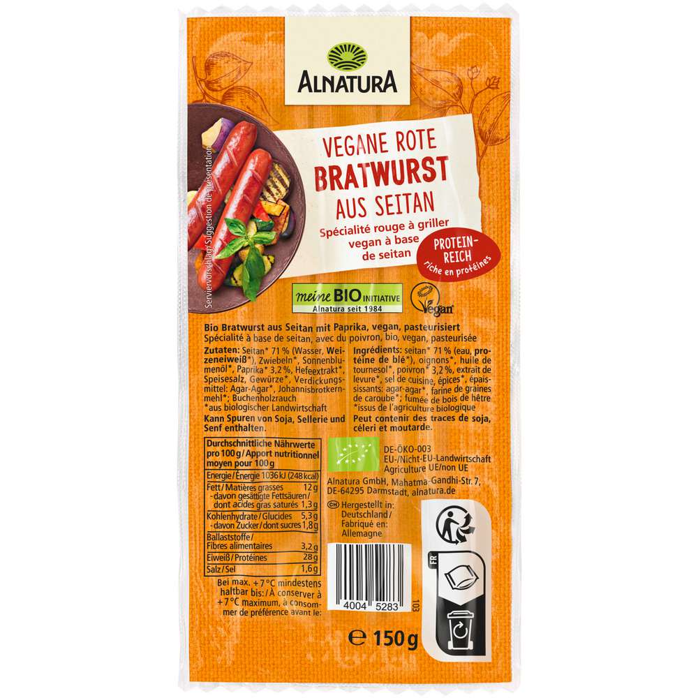 Produktabbildung Alnatura Vegan Rote Bratwurst aus Seitan
