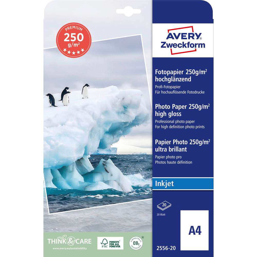 Produktabbildung Avery Zweckform Premium Fotopapier, DIN A4, einseitig beschichtet, 250 g/m²