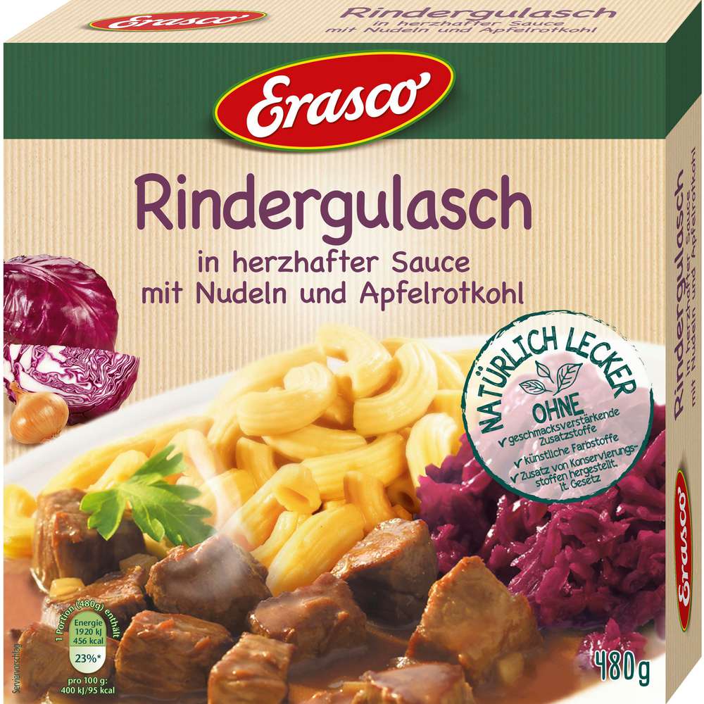 Produktabbildung Erasco Rindergulasch in Sauce mit Nudeln & Apfelrotkohl