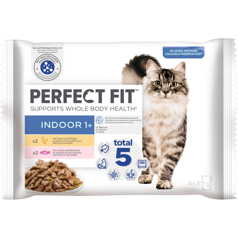 Produktabbildung Perfect Fit Katzen-Nassfutter Indoor, 1+, Huhn/Erbsen und Lachs/Karotten