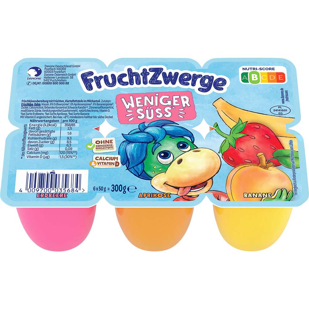 Produktabbildung Fruchtzwerge Fruchtquark weniger süß, Erdbeere/Aprikose/Banane