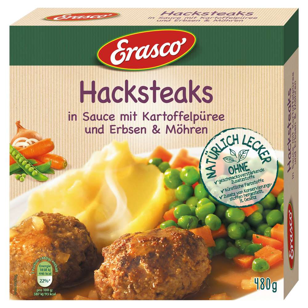 Produktabbildung Erasco Hacksteaks in Sauce mit Kartoffelpüree, Erbsen & Möhren