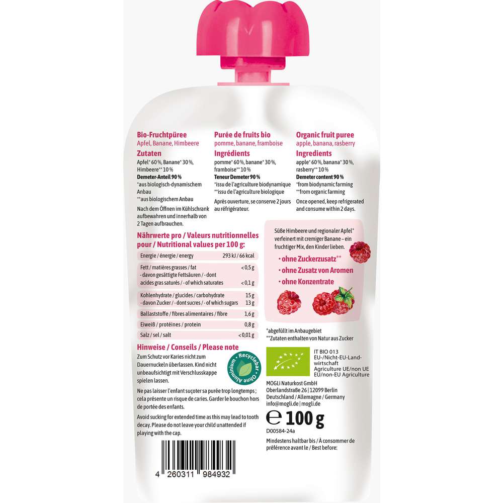 Produktabbildung MOGLi Quetschie, Himbeer/Rhabarber