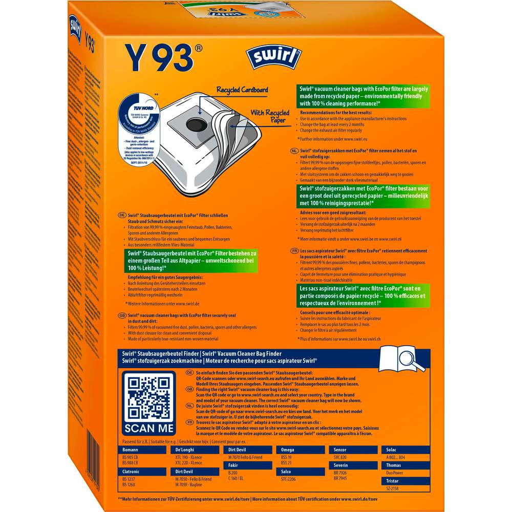 Produktabbildung Swirl Staubsaugerbeutel Y 93, safe & clean