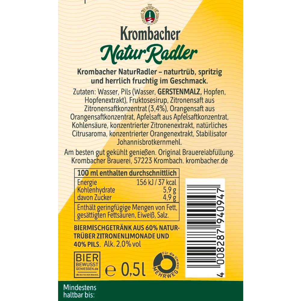 Produktabbildung Krombacher Biermischgetränk, NaturRadler 2 %