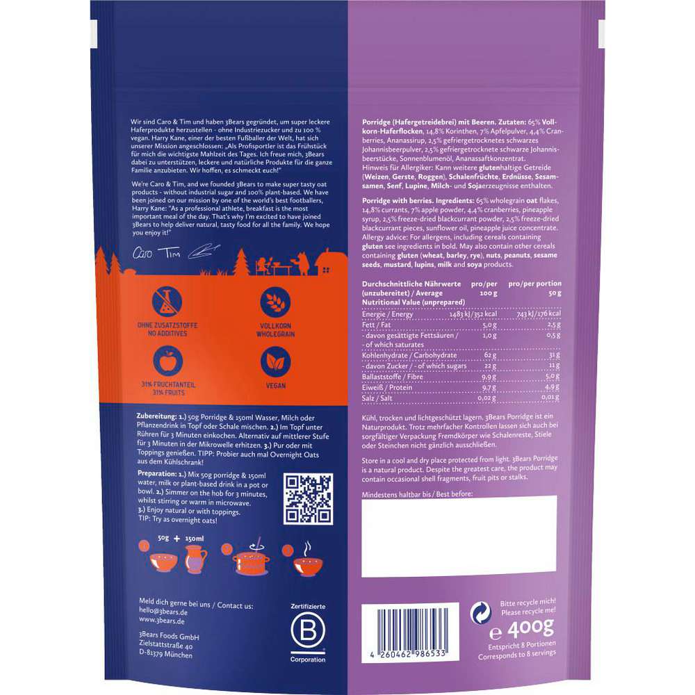 Produktabbildung 3Bears Porridge, Dreierlei Beere