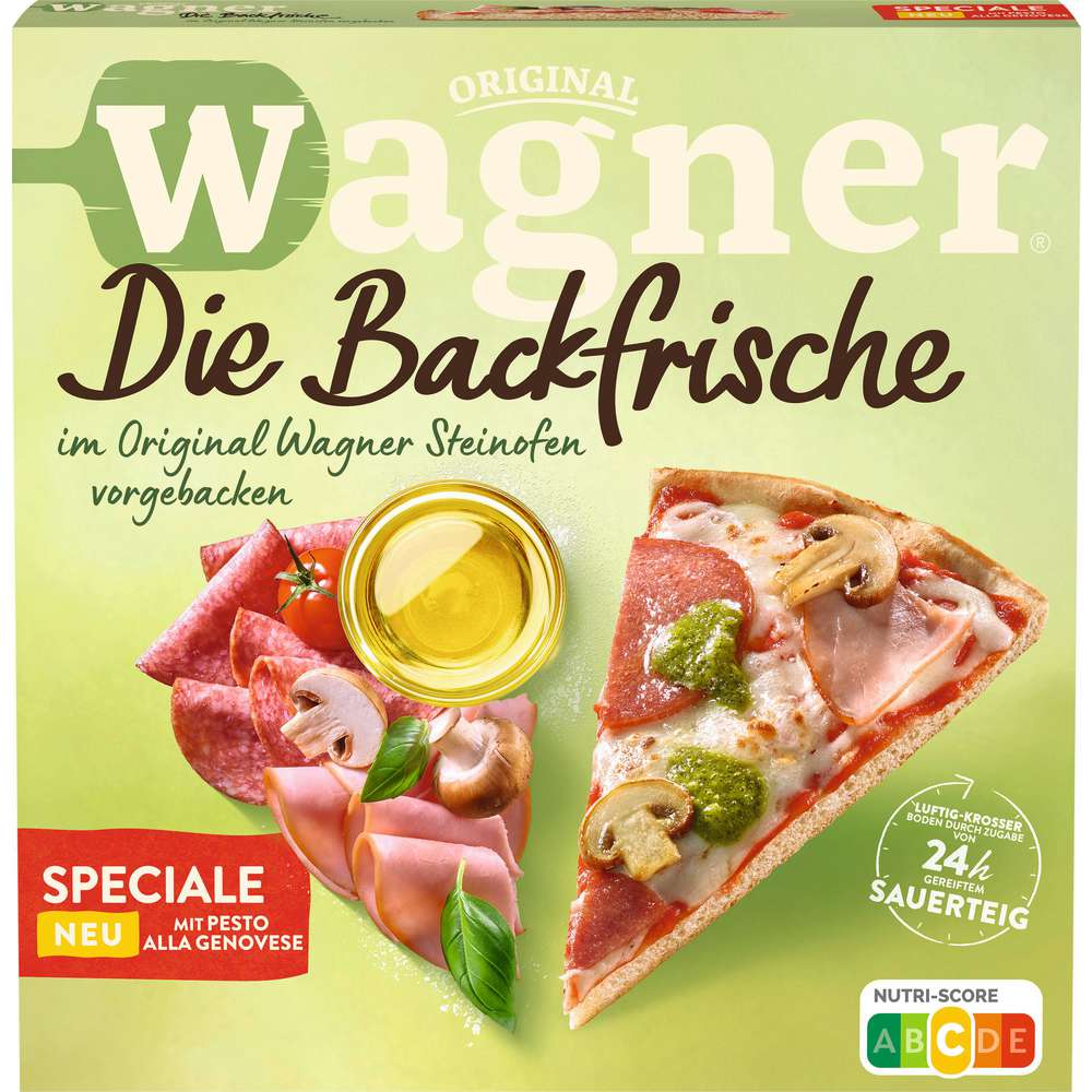 Produktabbildung Wagner Die Backfrische Pizza Speciale mit Frühlingskräuter-Pesto, tiefgekühlt