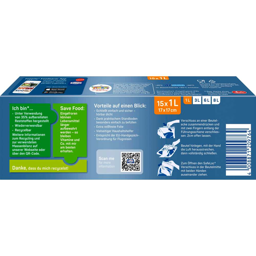 Produktabbildung Toppits Doppelverschluss Gefrierbeutel mit Safeloc-Verschluss, 1l