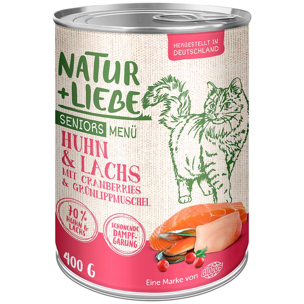 Produktabbildung Natur + Liebe Katzen Nassfutter Seniors Menü, Huhn/Lachs/Cranberries/Grünlippmuschel