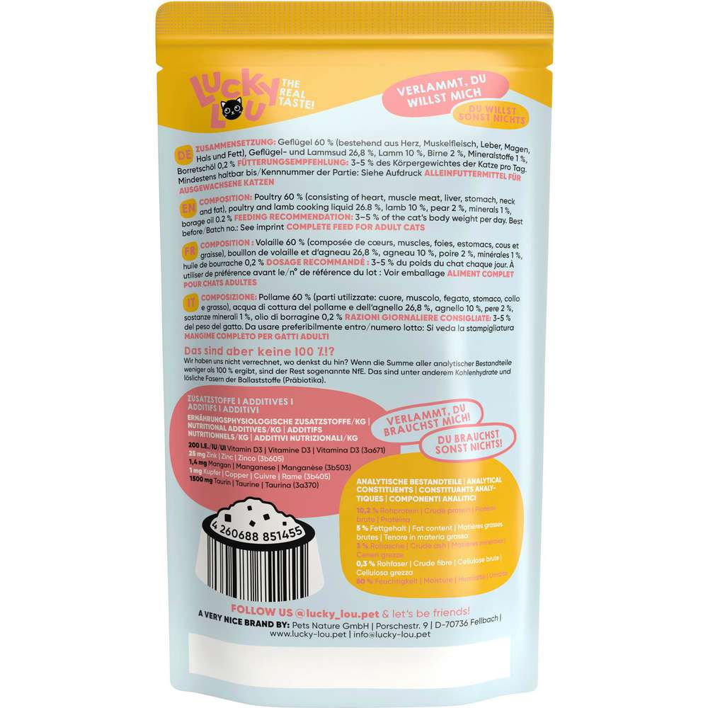 Produktabbildung Lucky Lou Katzen-Nassfutter, Geflügel & Lamm mit Birne