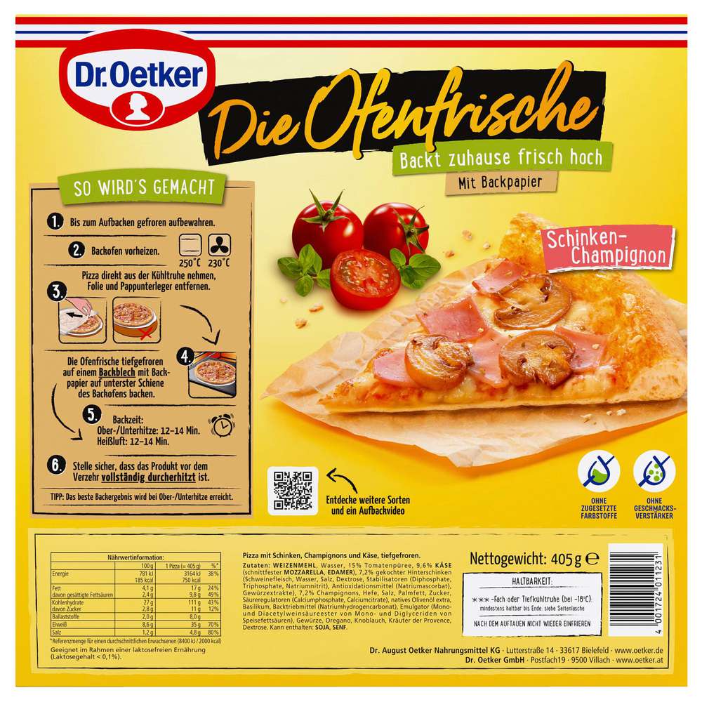 Produktabbildung Dr. Oetker Pizza Ofenfrische Schinken-Champignon, tiefgekühlt