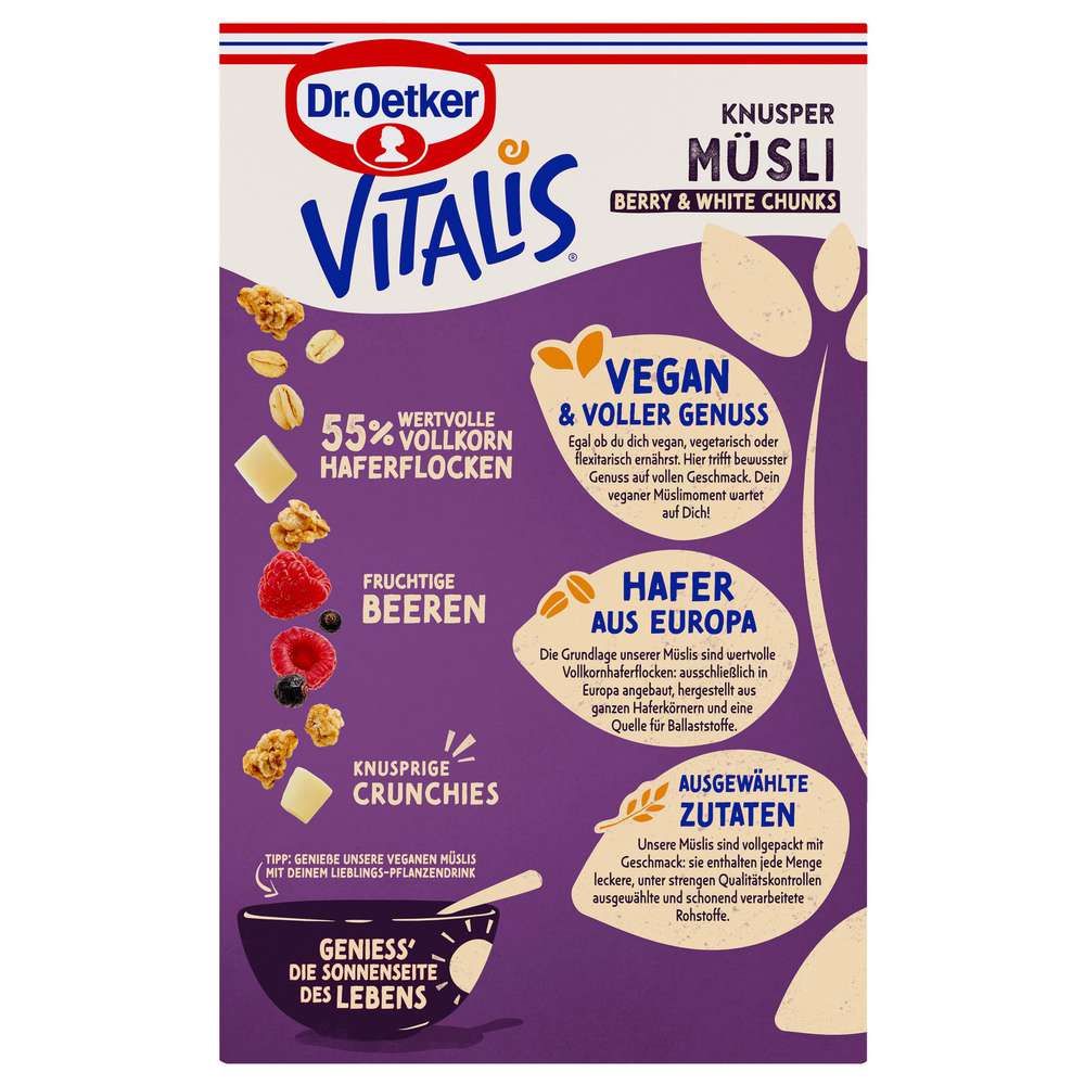 Produktabbildung Dr. Oetker Vitalis Knusper Müsli Vegan, Berry White Choc