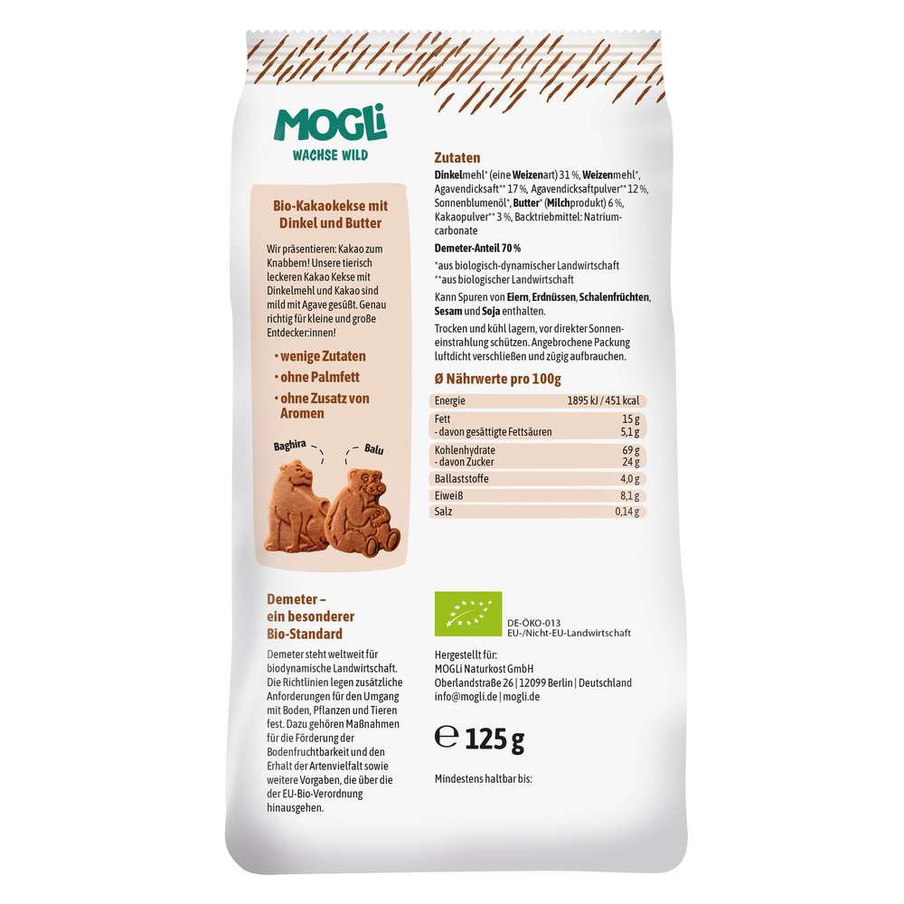 Produktabbildung MOGLi Bio Kakokekse Nasch Gebäck, mit Dinkel und Butter