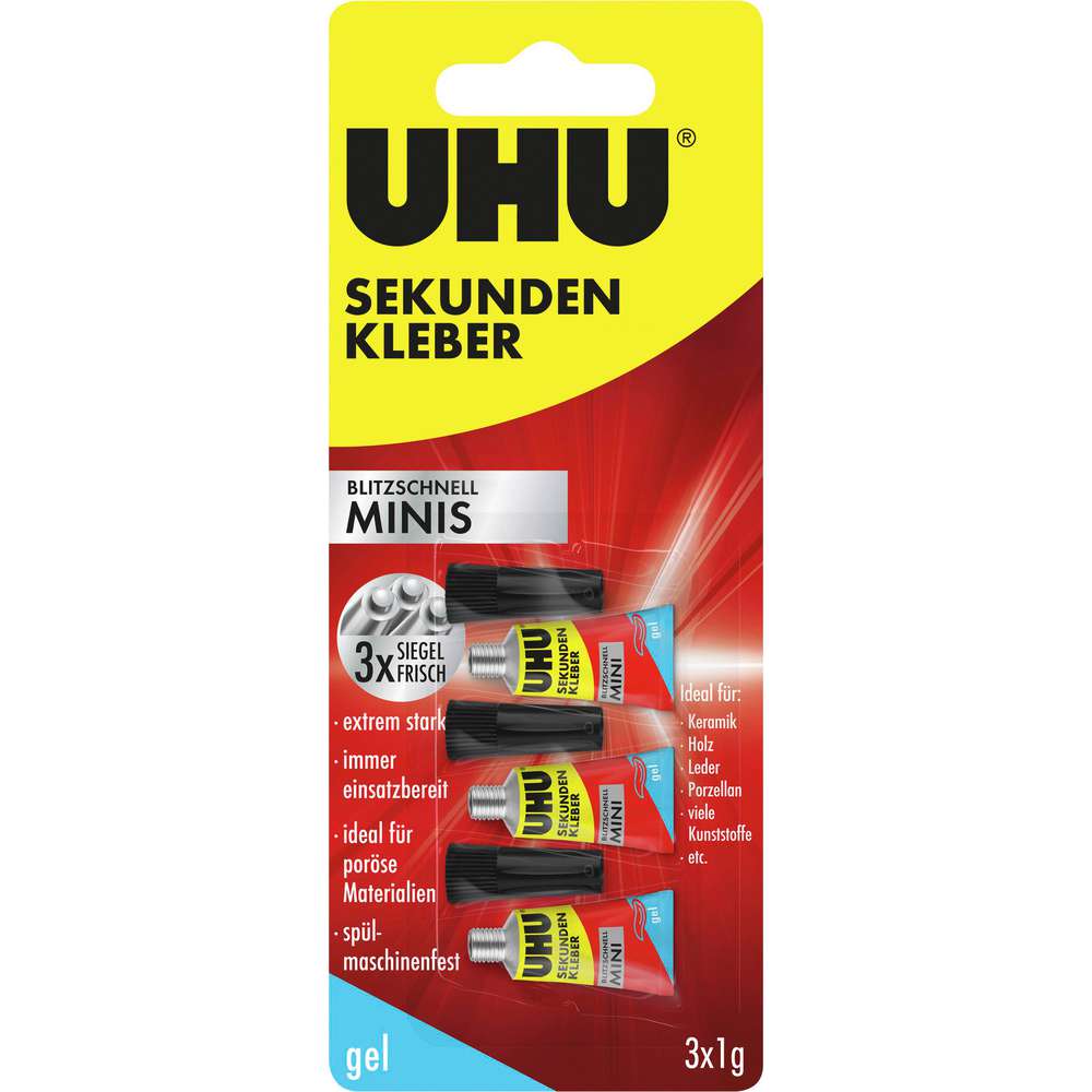 Produktabbildung UHU Sekundenkleber blitzschnell, MINIS Gel 3x1g  