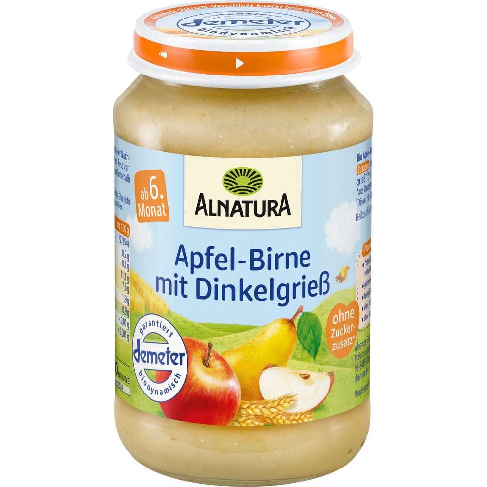 Produktabbildung Alnatura Babynahrung Apfel-Birne mit Dinkelgrieß, ab 6. Monat