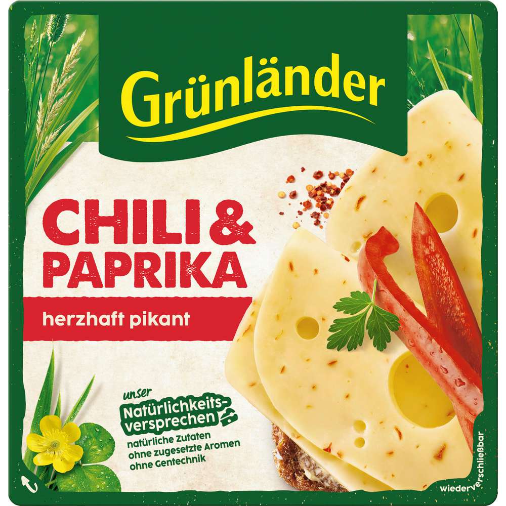 Produktabbildung Grünländer Käsescheiben, Chili/Paprika