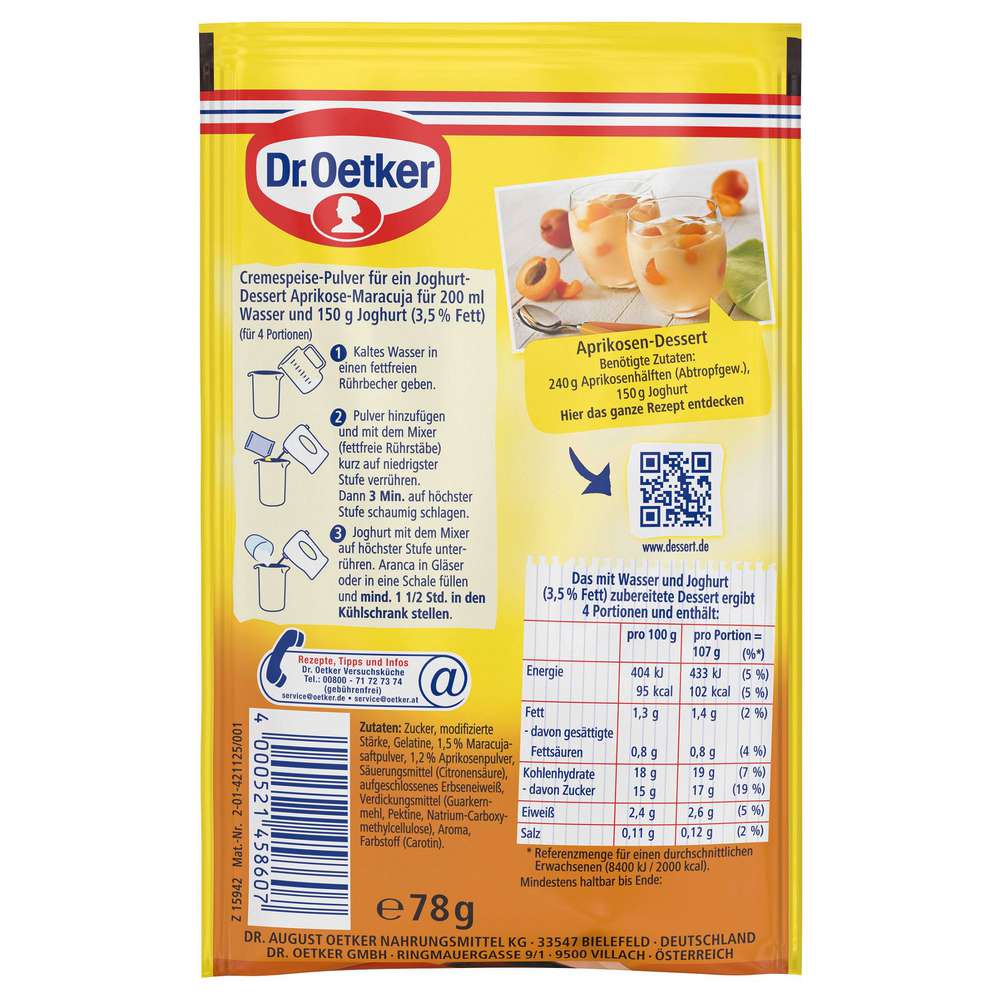 Produktabbildung Dr. Oetker Joghurt Dessert Aranca, Aprikose/Maracuja