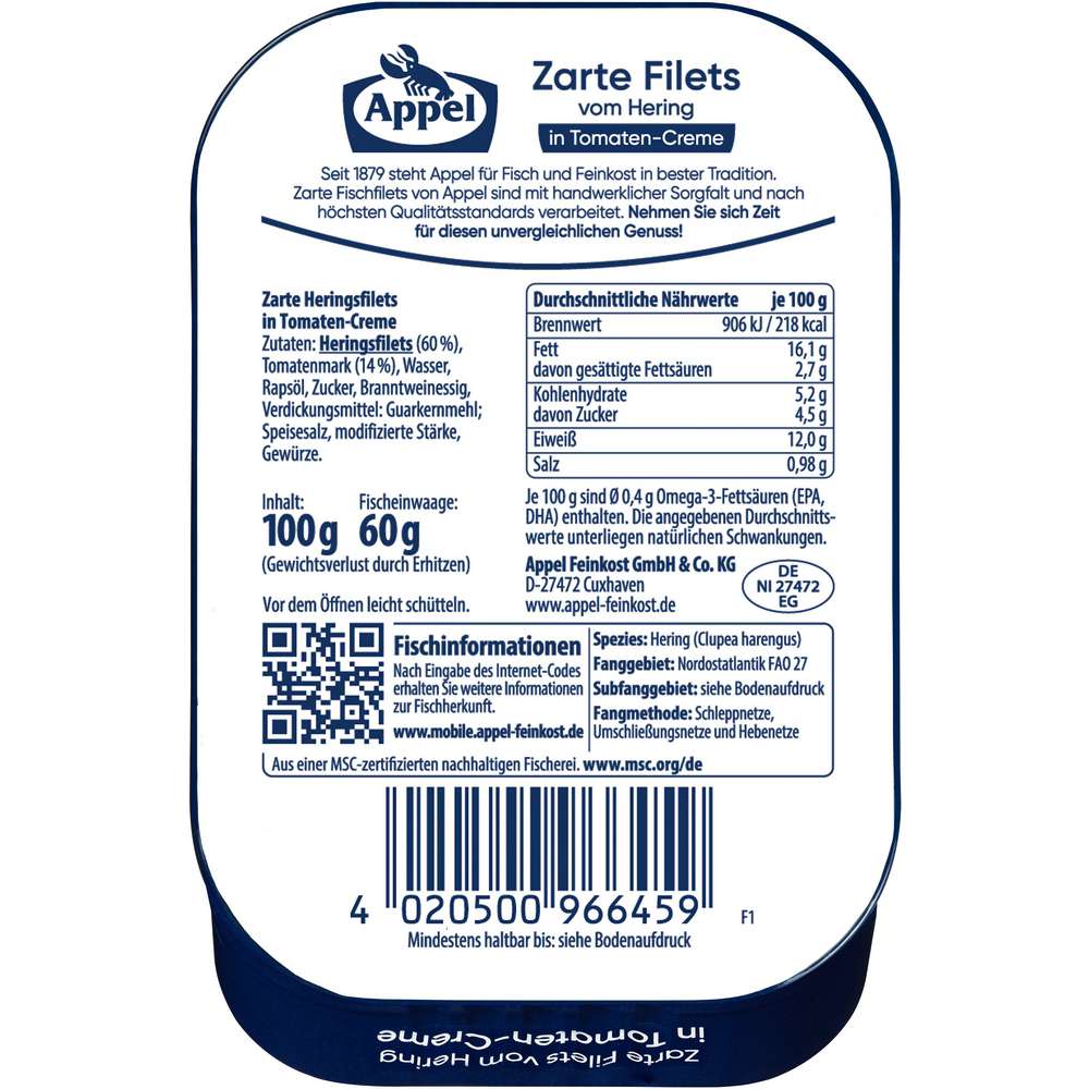 Produktabbildung Appel Heringfilets, in Tomaten-Creme