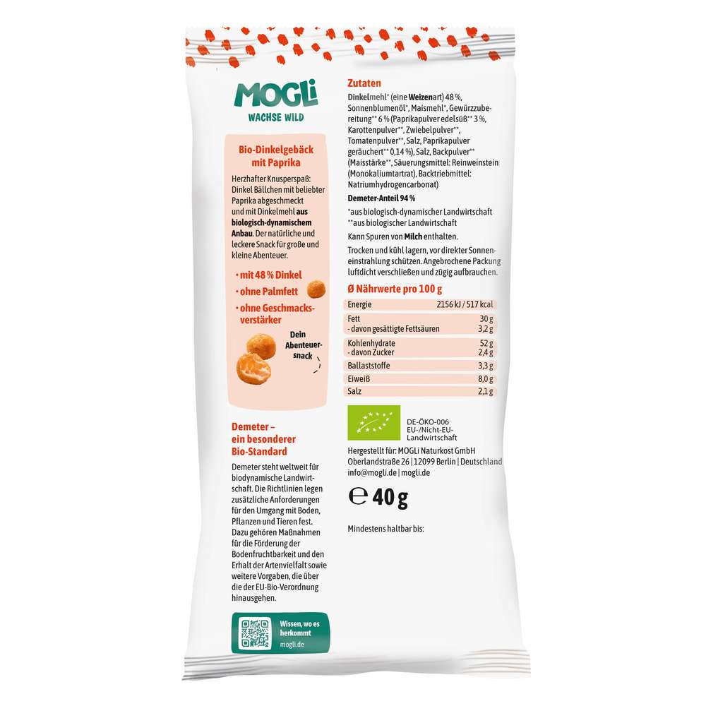 Produktabbildung MOGLi Bio Dinkelbällchen, Paprika
