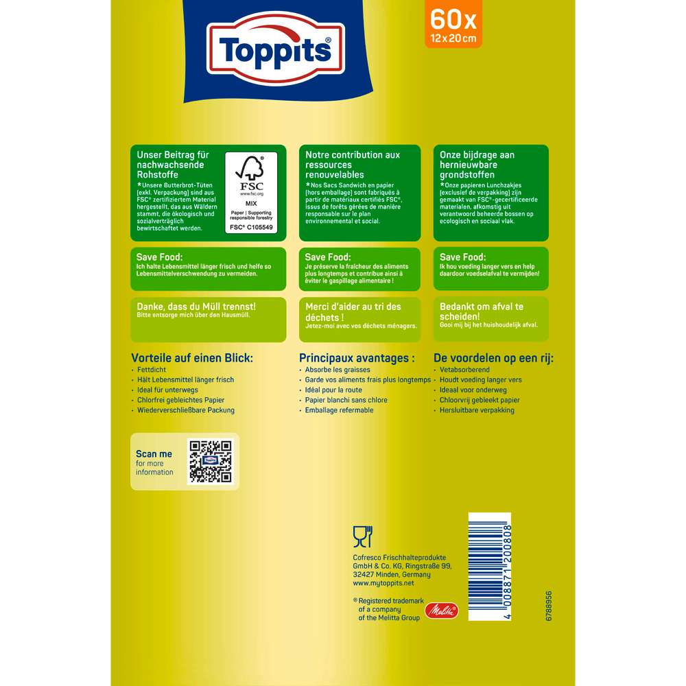 Produktabbildung Toppits Butterbrot-Tüten, 60 Stück 12x20cm
