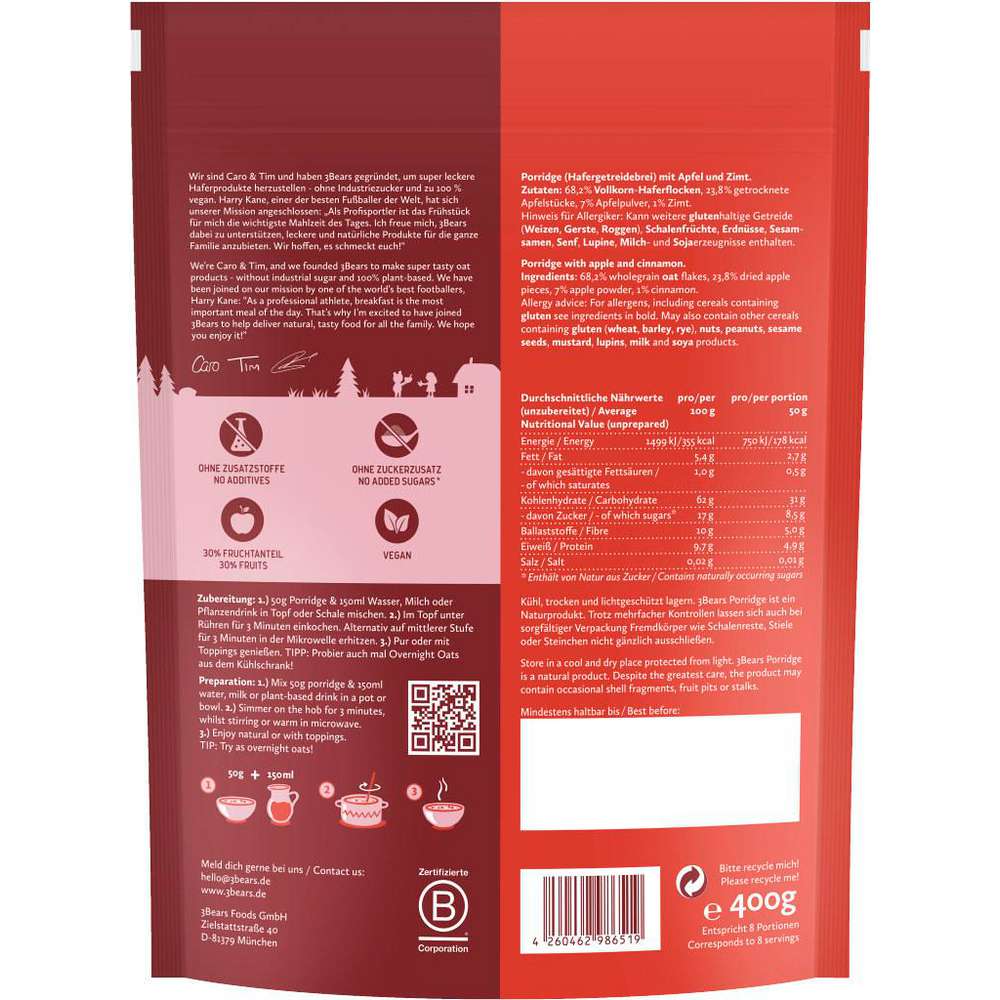 Produktabbildung 3Bears Porridge, Zimtiger Apfel