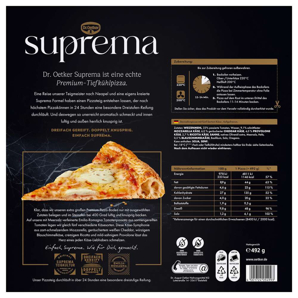 Produktabbildung Dr. Oetker Pizza Suprema, Cinque Formaggi, tiefgekühlt