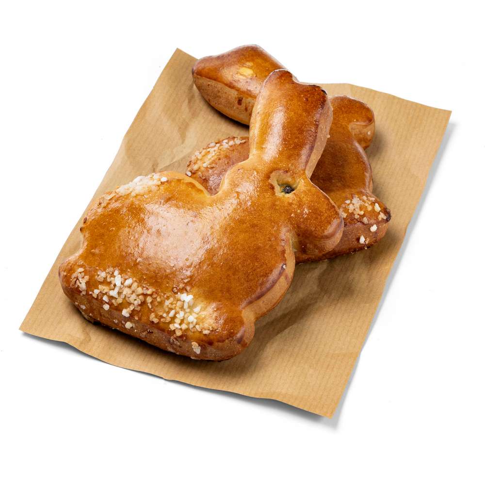 Produktabbildung GLOBUS Meisterbäckerei Osterhasen aus Butterhefeteig  (2x 0,160 Kilogramm)