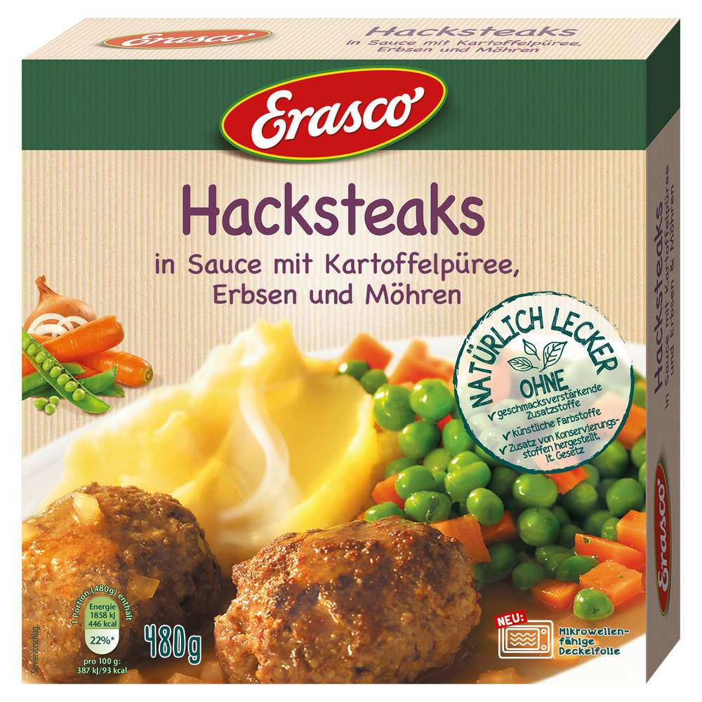 Produktabbildung Erasco Hacksteaks in Sauce mit Kartoffelpüree, Erbsen & Möhren