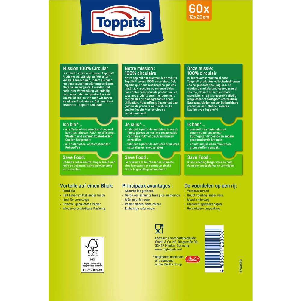 Produktabbildung Toppits Butterbrot-Tüten, 60 Stück 12x20cm