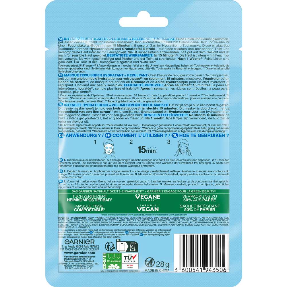 Produktabbildung Garnier Tuchmaske Hydra Bomb, für feuchtigkeitsbedürftige Haut