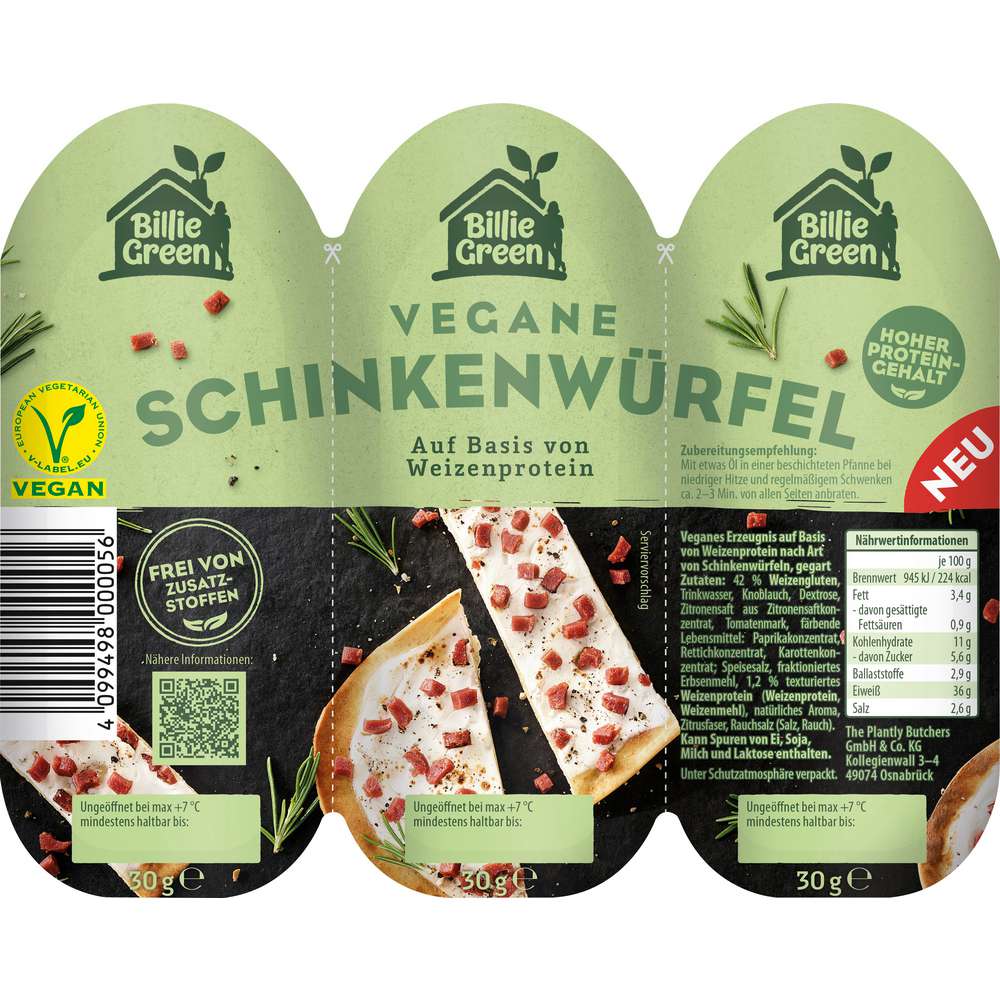 Produktabbildung Billie Green Vegane Schinkenwürfel, 3 x 30 g