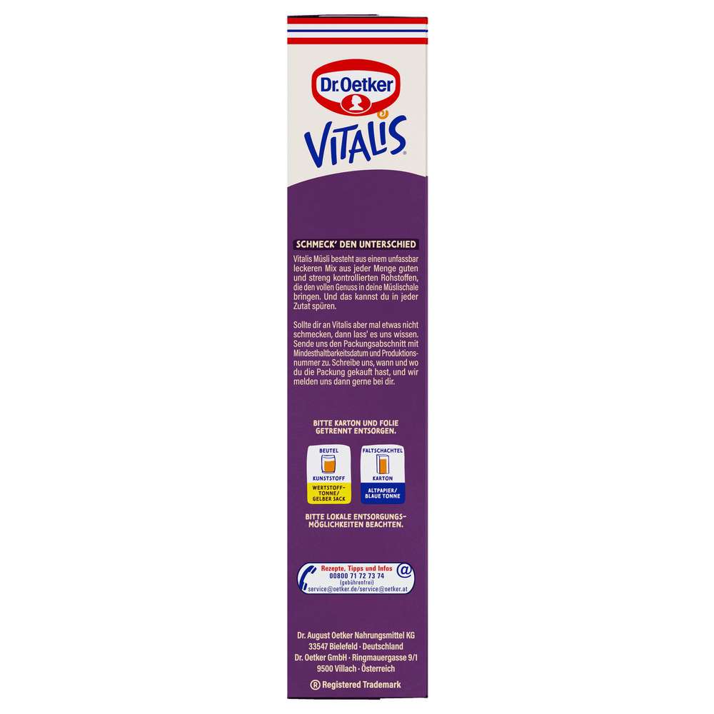 Produktabbildung Dr. Oetker Vitalis Knusper Müsli Vegan, Berry White Choc