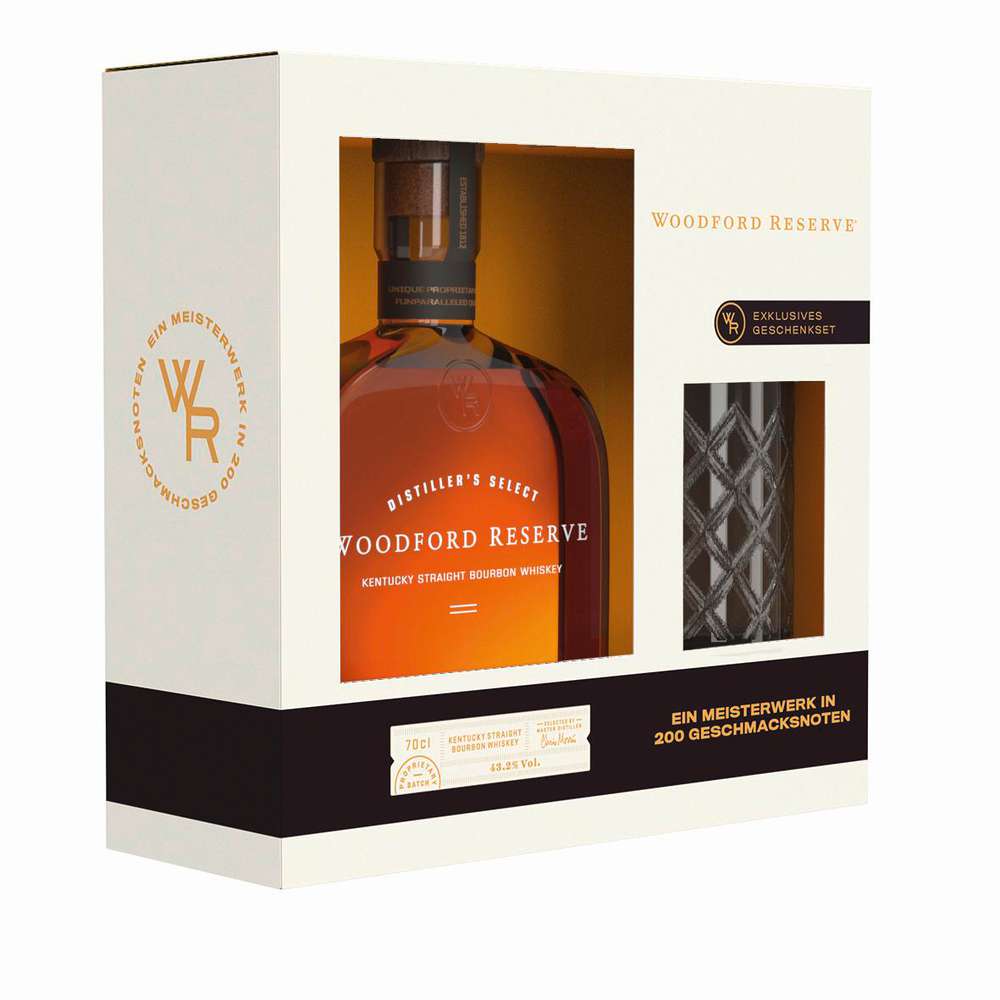 Produktabbildung Woodford Reserve Kentucky Straight Bourbon Whiskey 43,2% mit Kristiallglas