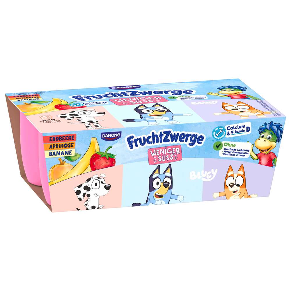 Produktabbildung Fruchtzwerge Fruchtquark weniger süß, Erdbeere/Aprikose/Banane