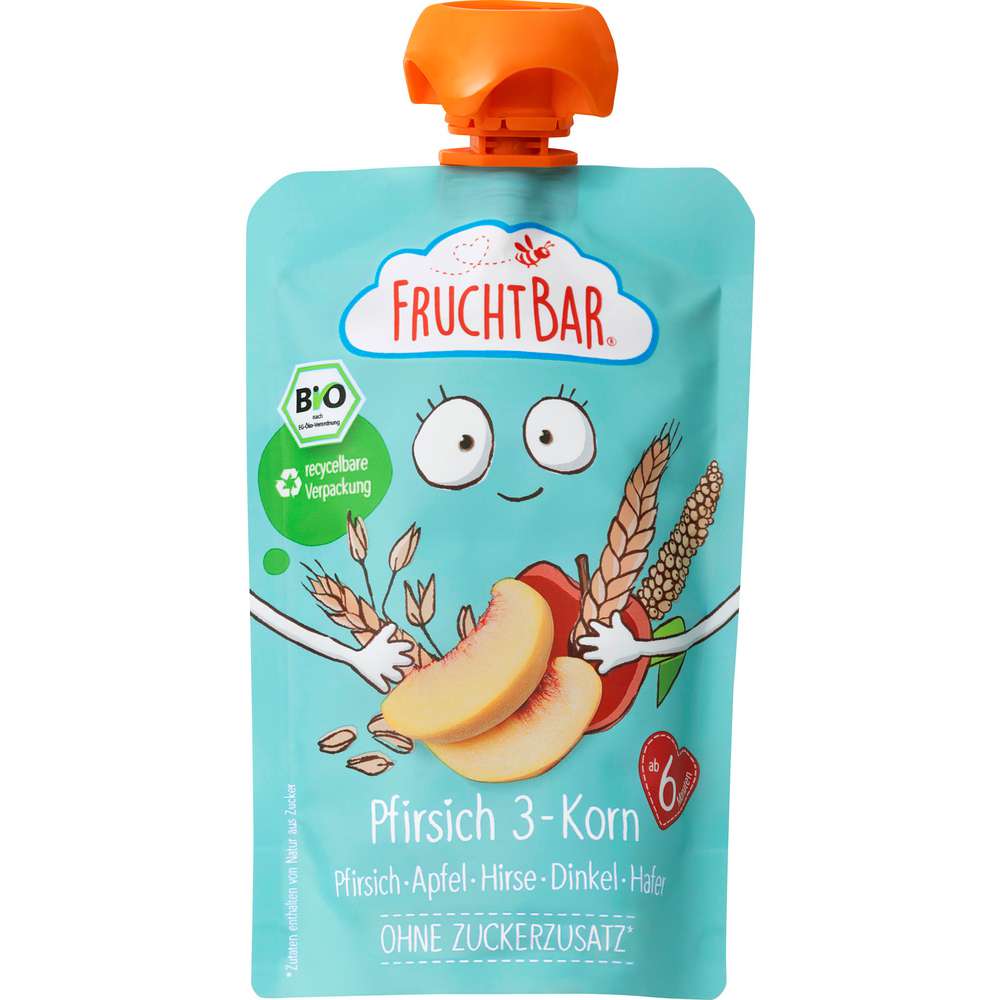 Produktabbildung Fruchtbar Quetschie, Pfirsich/3-Korn/Apfel/Hirse/Dinkel/Hafer