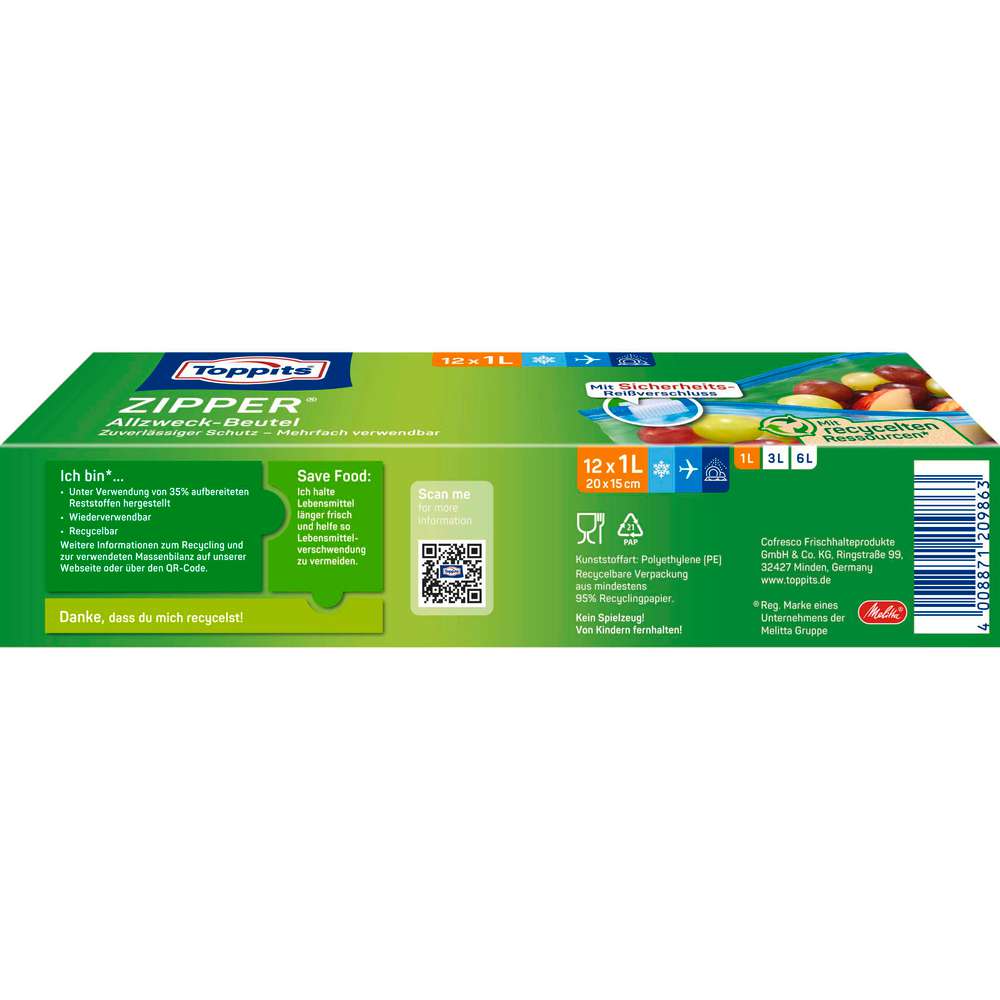 Produktabbildung Toppits Allzweck-Beutel mit Zipper-Verschluss, 1l