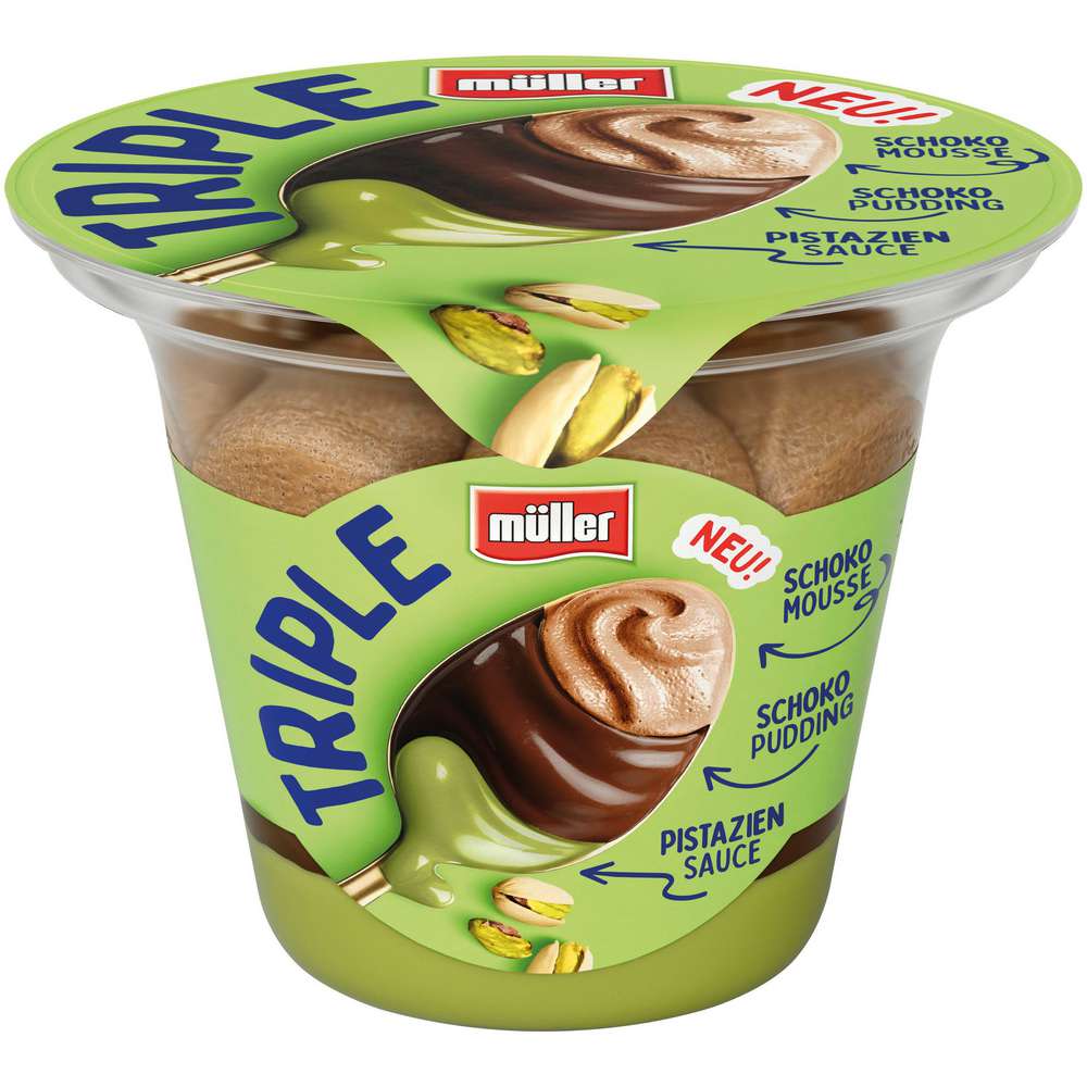 Produktabbildung Müller Triple Dessert, Schokomousse/ Schoko Pudding/Pistaziensauce