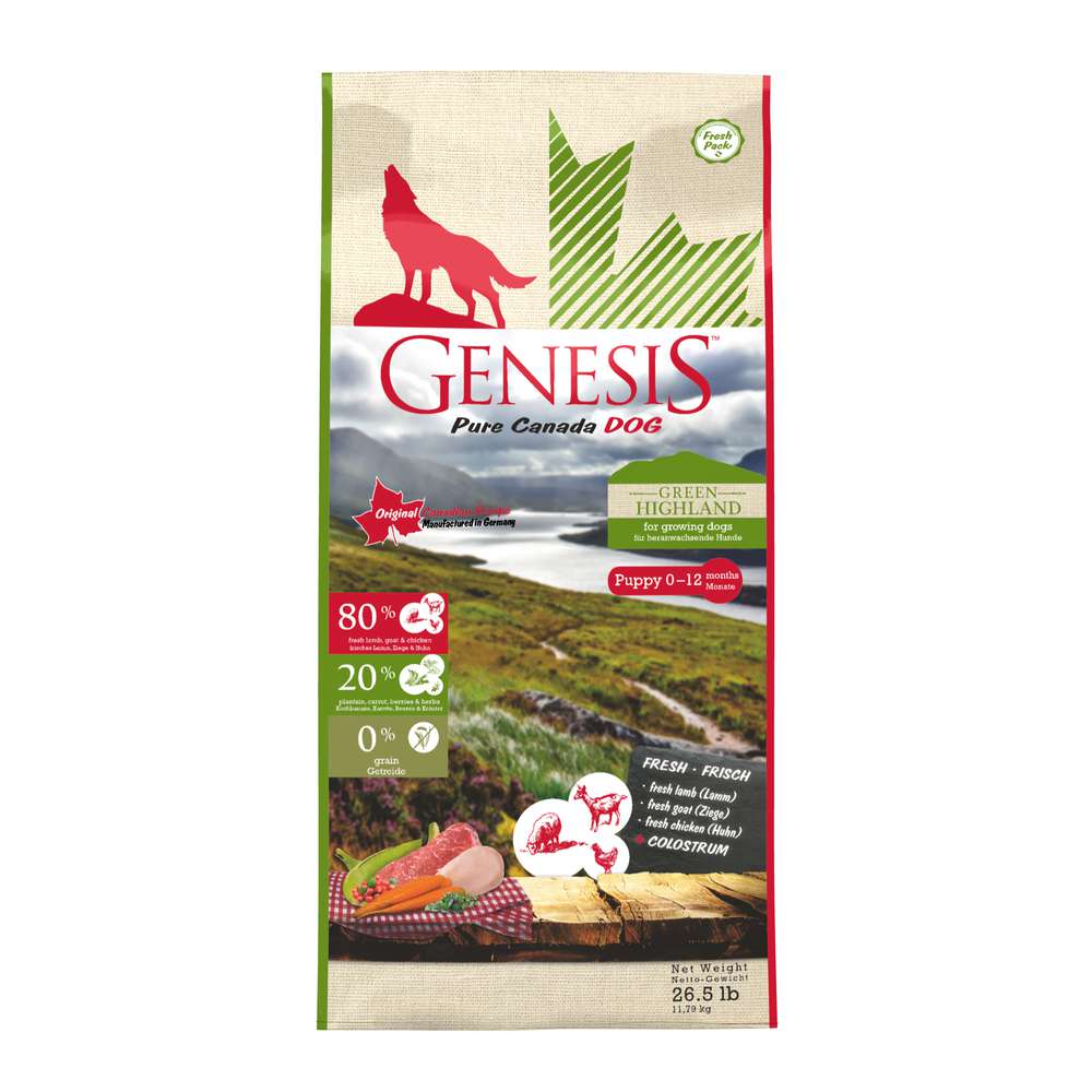 Produktabbildung Genesis Hunde-Trockenfutter Green Highland Puppy, Lamm/Ziege/Huhn