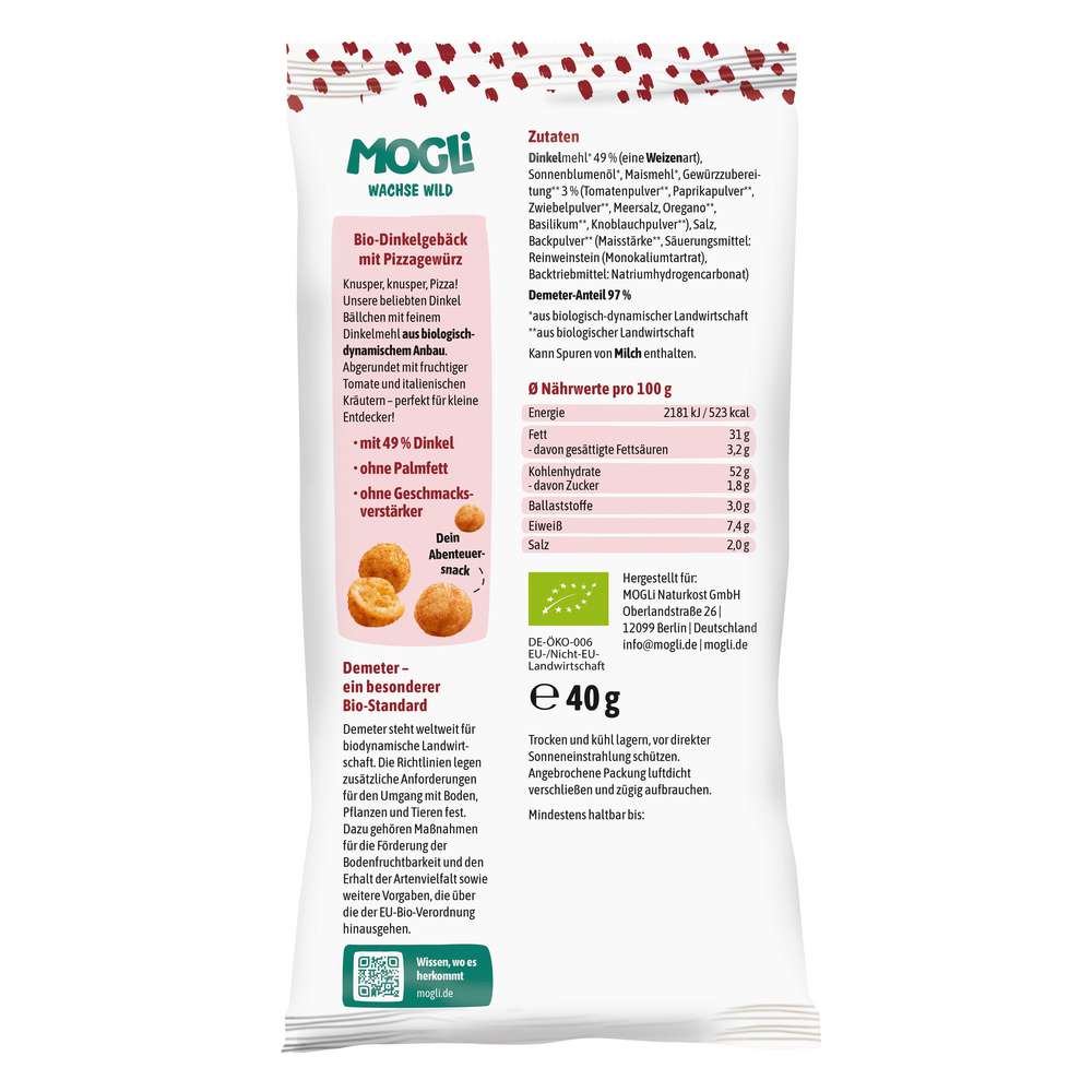 Produktabbildung MOGLi Bio Pizza Bällchen mit Dinkel