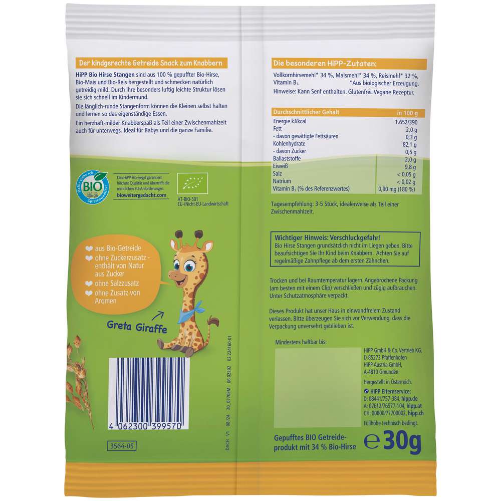 Produktabbildung Hipp Bio Hirse Stangen, mit Bio-Mais und Bio-Reis, ab dem 8. Monat