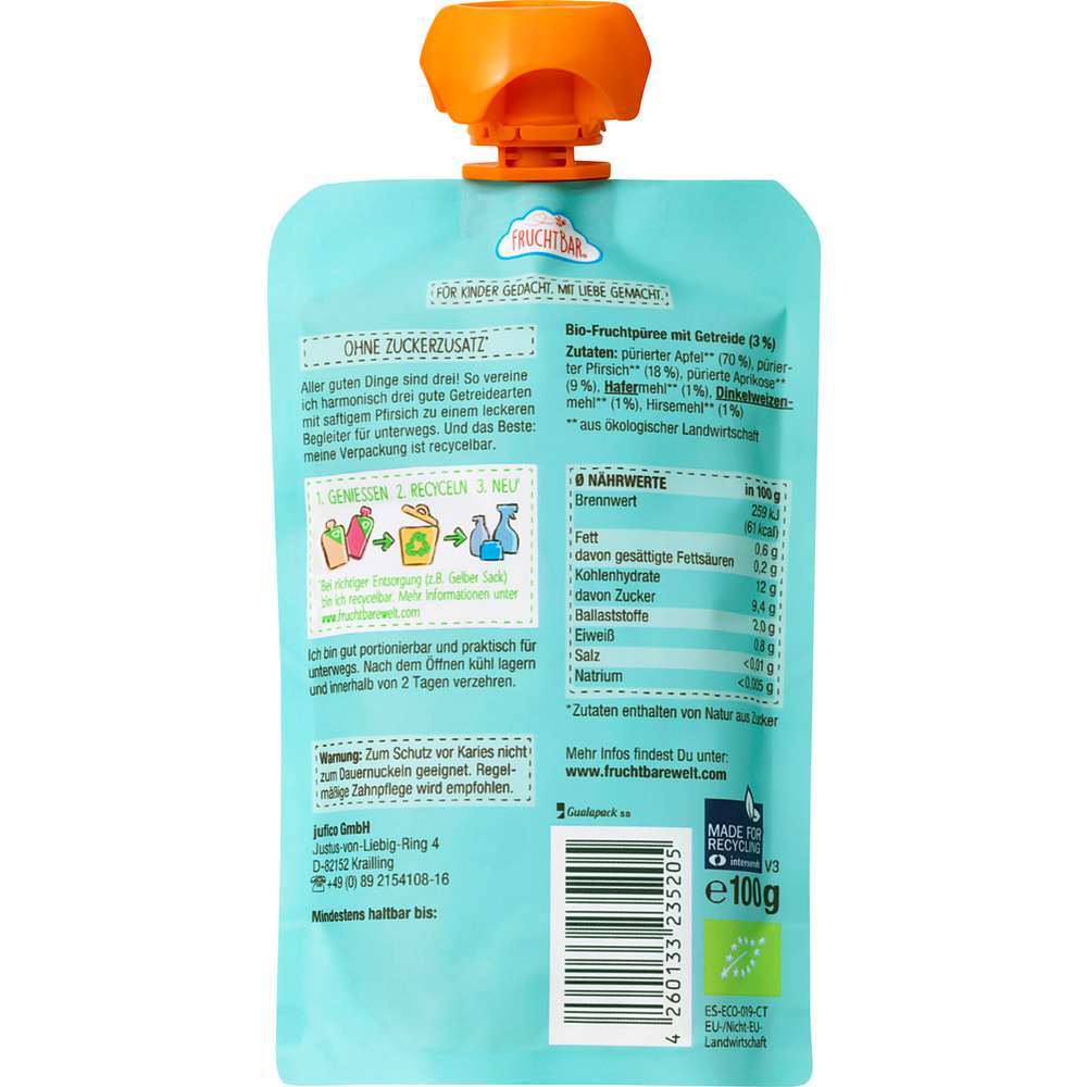 Produktabbildung Fruchtbar Quetschie, Pfirsich/3-Korn/Apfel/Hirse/Dinkel/Hafer
