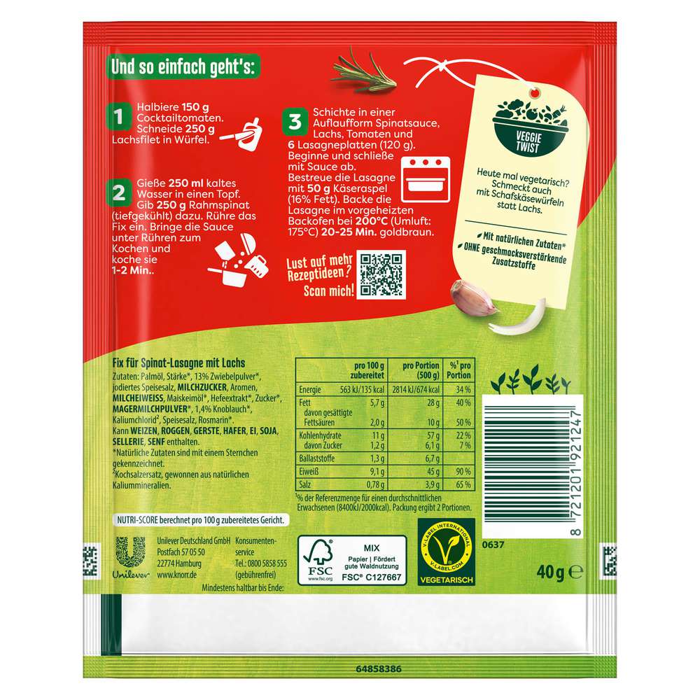 Produktabbildung Knorr Fix-Würzmischung, Spinat-Lachs Lasagne