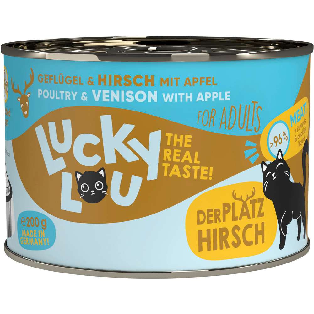 Produktabbildung Lucky Lou Katzen-Nassfutter, Geflügel & Hirsch mit Apfel