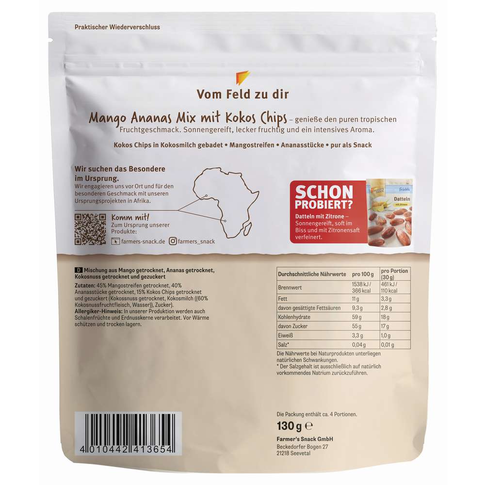 Produktabbildung Farmer's Snack Mango-Ananas Mix, Kokos, naturbelassen
